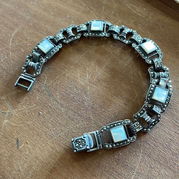 Unsigned Vintage Jewelry - Vintage Silver Marcasite and Moonstone Art Deco Style 8" Bracelet